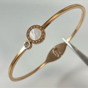 Mamona Gold Tone Mother of Pearl Hinged Clamper Bangle Bracelet Dainty Cute
